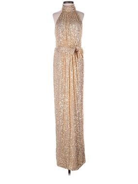 Mac Duggal Gold Sequin Halter Column Gown with Tie Belt NWT